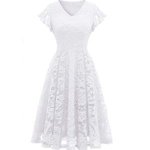 Women's V Neck Floral Lace White Bridesmaid Dress